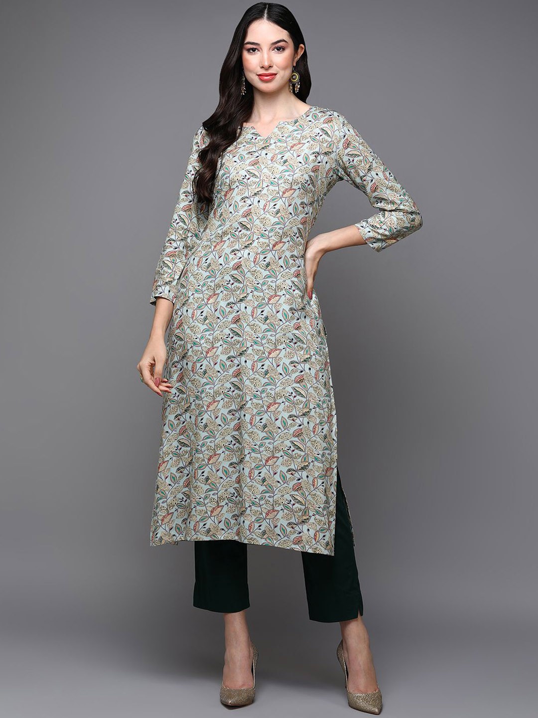

KALINI Floral Printed Notch Neck Straight Kurta, Blue