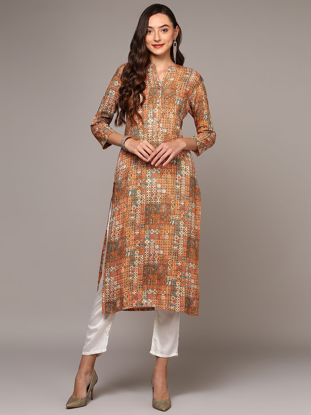 

KALINI Ethnic Motifs Printed Mandarin Collar Straight Kurta, Orange