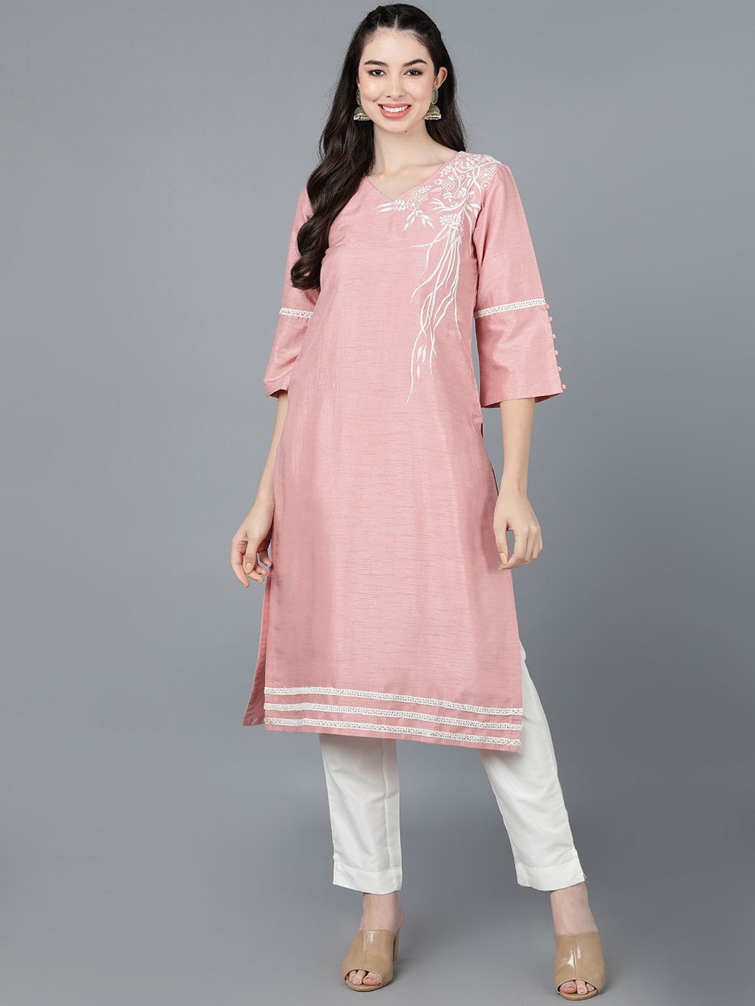 

KALINI Round Neck Embroidered Gotta Patti Kurta, Mauve