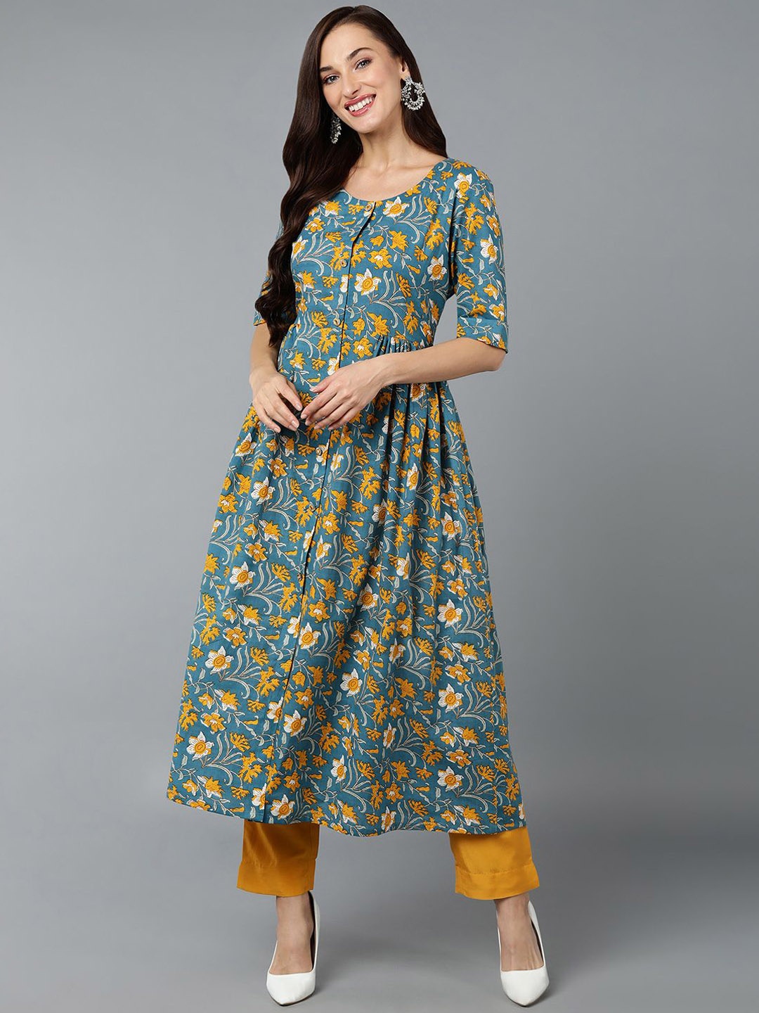 

KALINI Floral Printed Cotton A-Line Kurta, Blue