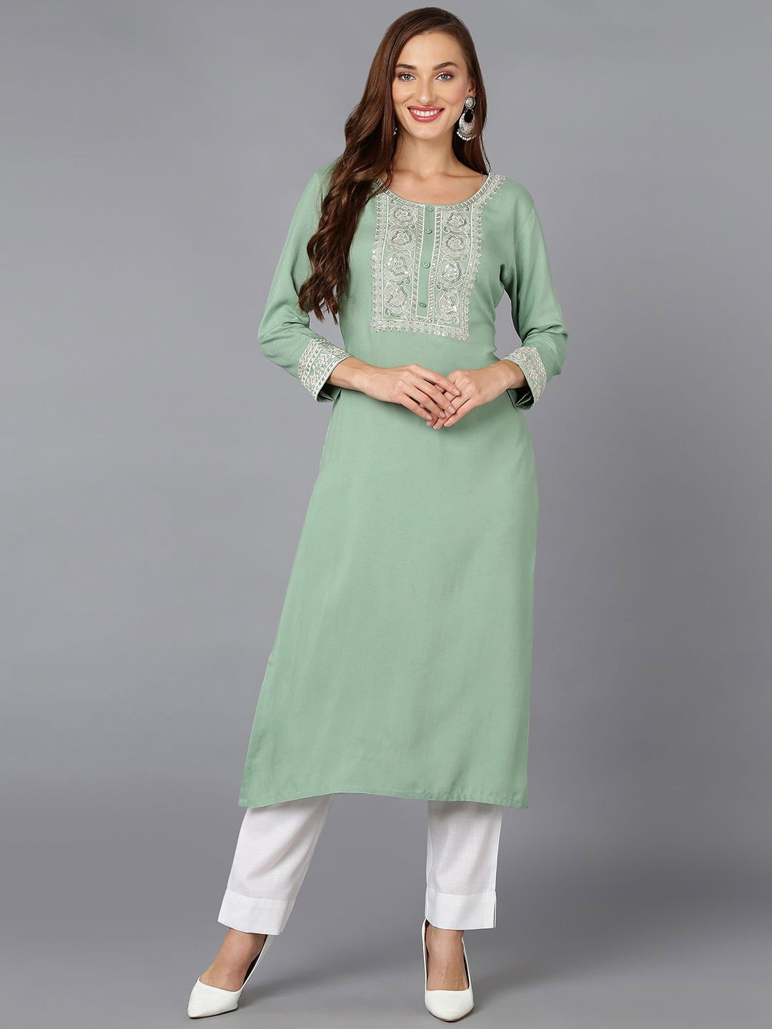 

KALINI Geometric Yoke Design Thread Work Straight Kurta, Sea green