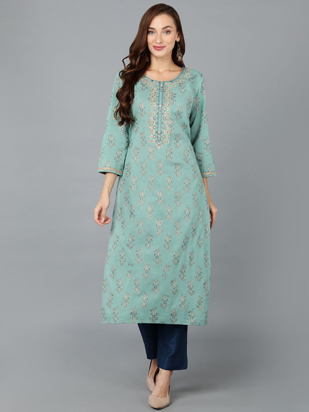 

KALINI Floral Embroidered Thread Work Cotton Straight Kurta, Sea green