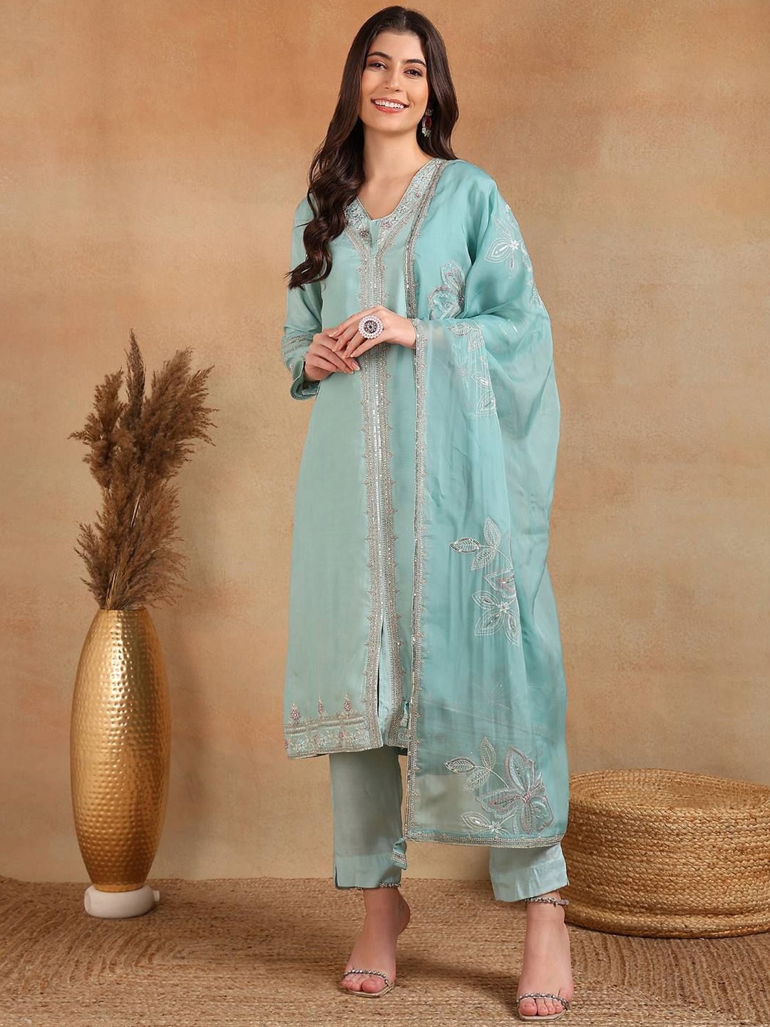 

AHIKA Floral Embroidered Sequinned V-Neck Straight Kurta With Trousers & Dupatta, Blue