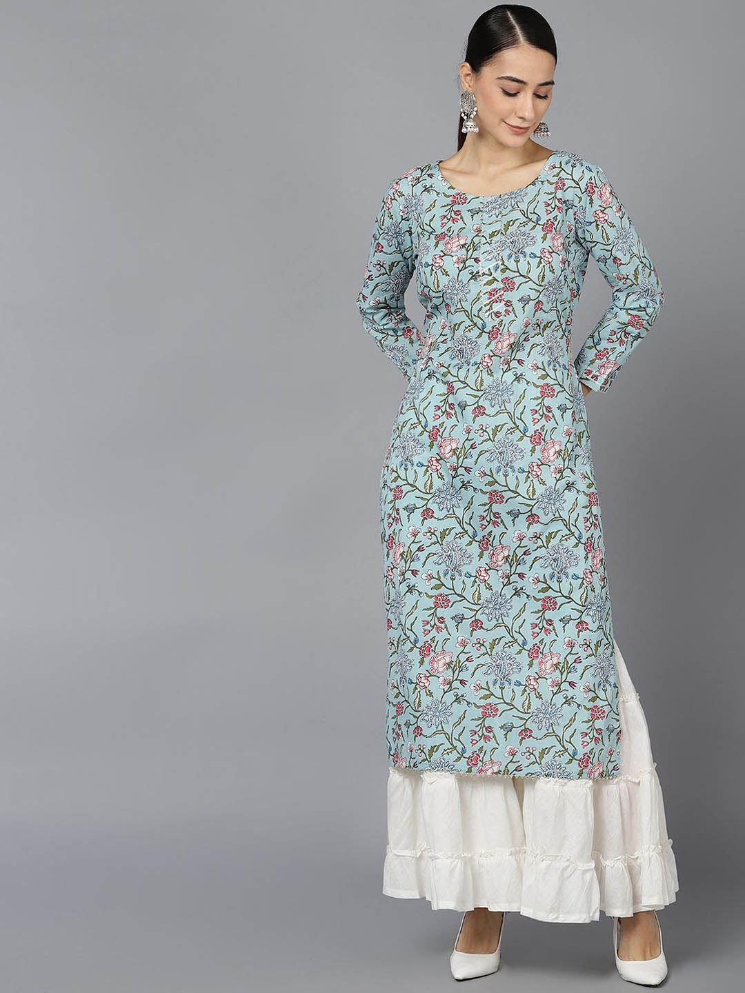 

KALINI Round Neck Long Sleeves Floral Printed Cotton Straight Kurta, Blue