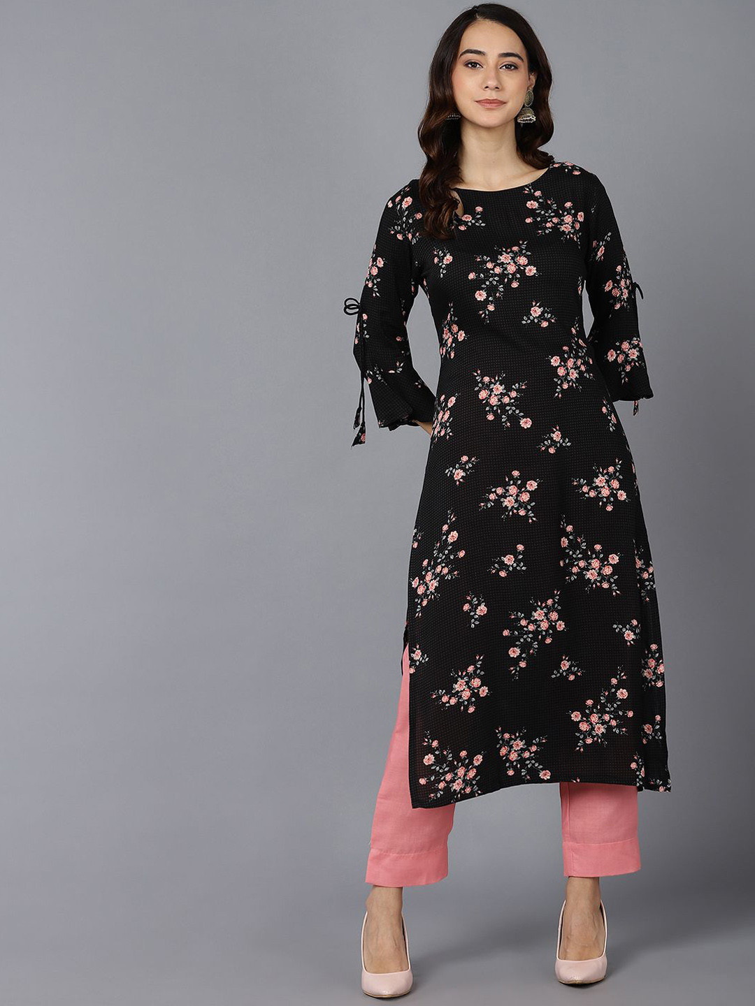 

KALINI Women Floral Printed Flared Sleeves Mirror Work Kurta, Black