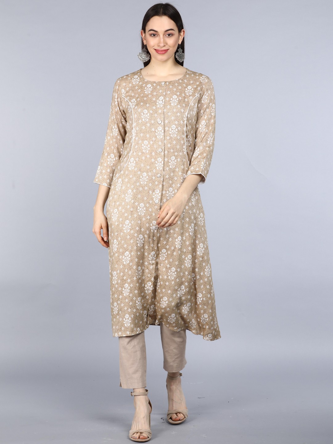 

KALINI Round Neck Ethnic Motifs Printed Kurta, Beige