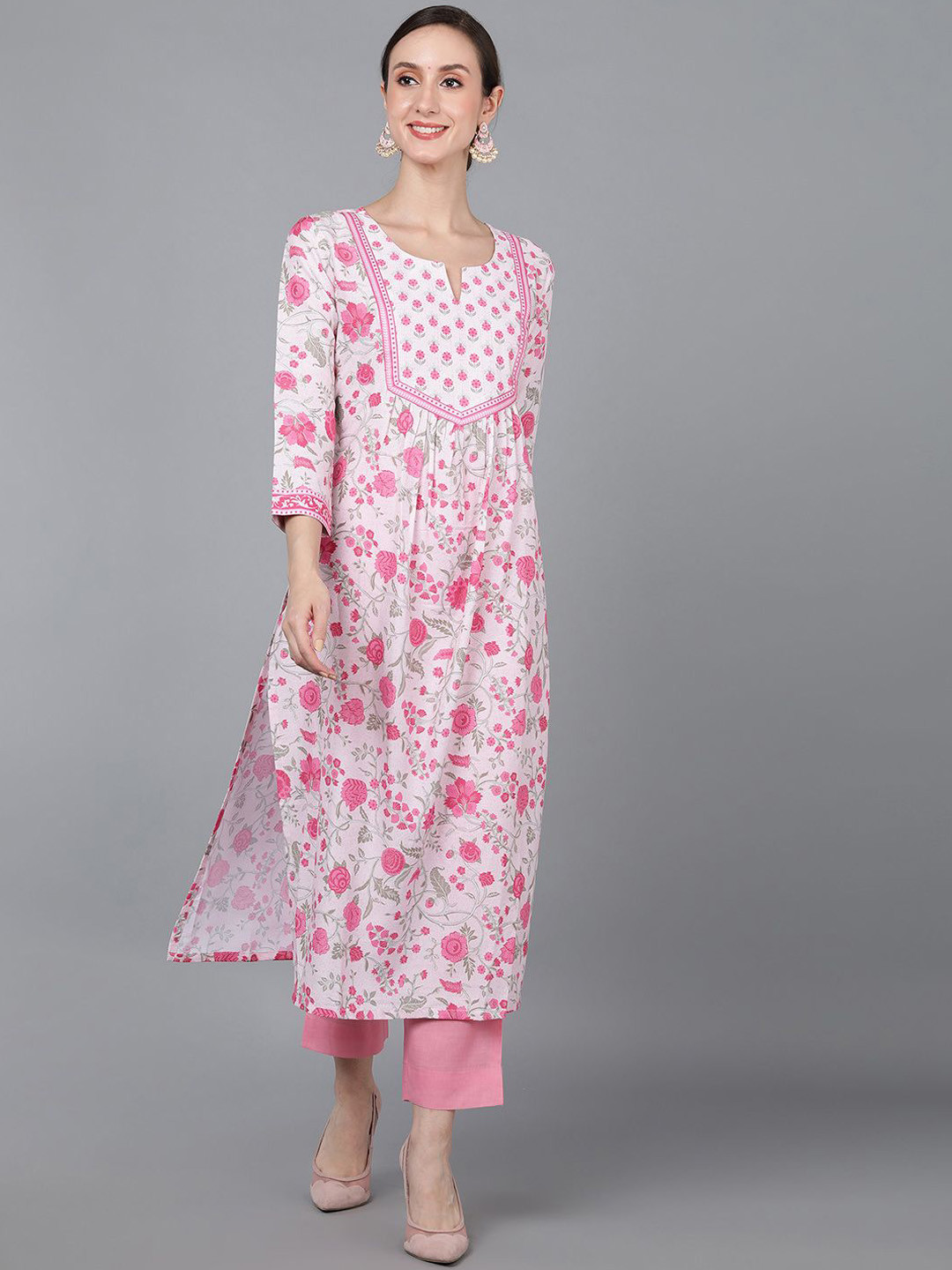

KALINI Floral Printed Notched Neck Silk Straight Kurta, Pink