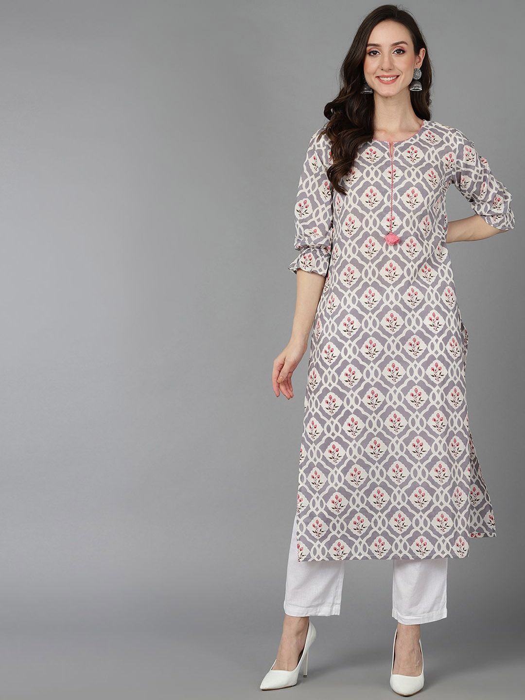 

KALINI Geometric Printed Keyhole Neck Sequinned Cotton Straight Kurta, Grey