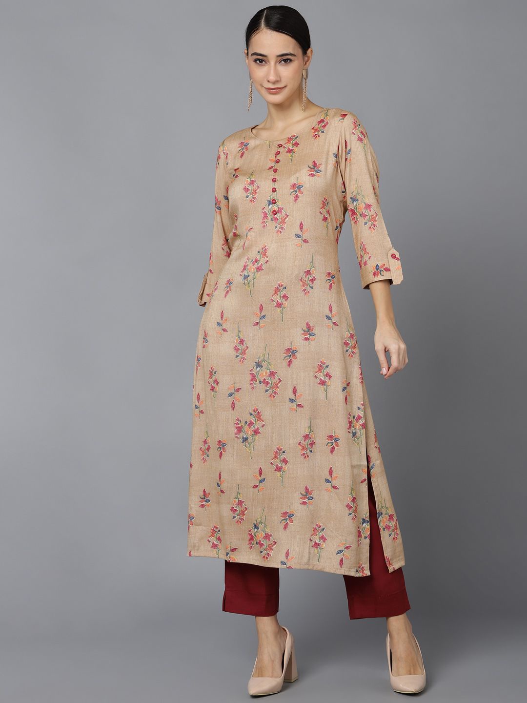 

KALINI Floral Printed Roll-Up Sleeves Cotton Straight Kurta, Beige