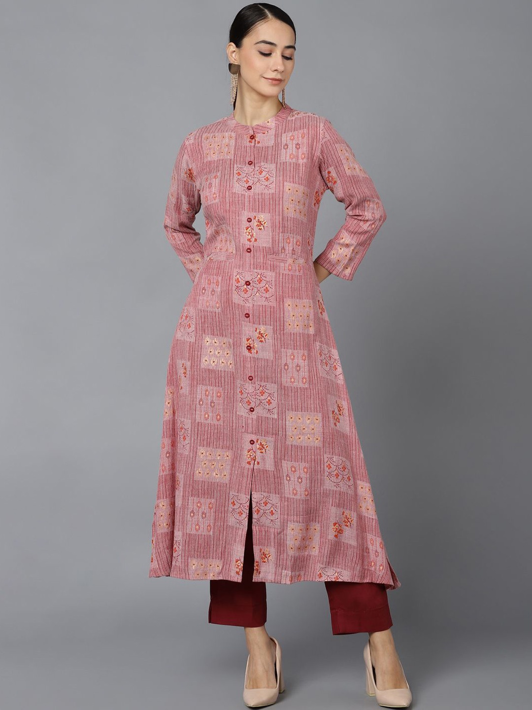 

KALINI Geometric Printed Mandarin Collar Cotton A Line Kurta, Mauve