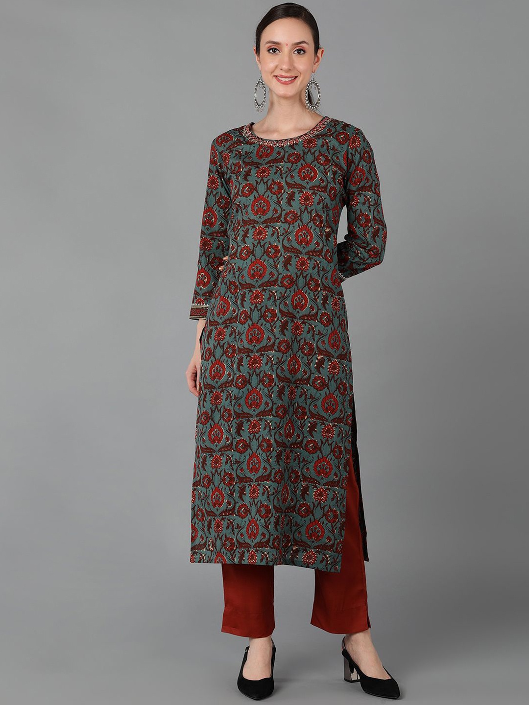 

KALINI Floral Printed Mirror Work Cotton Straight Kurta, Teal