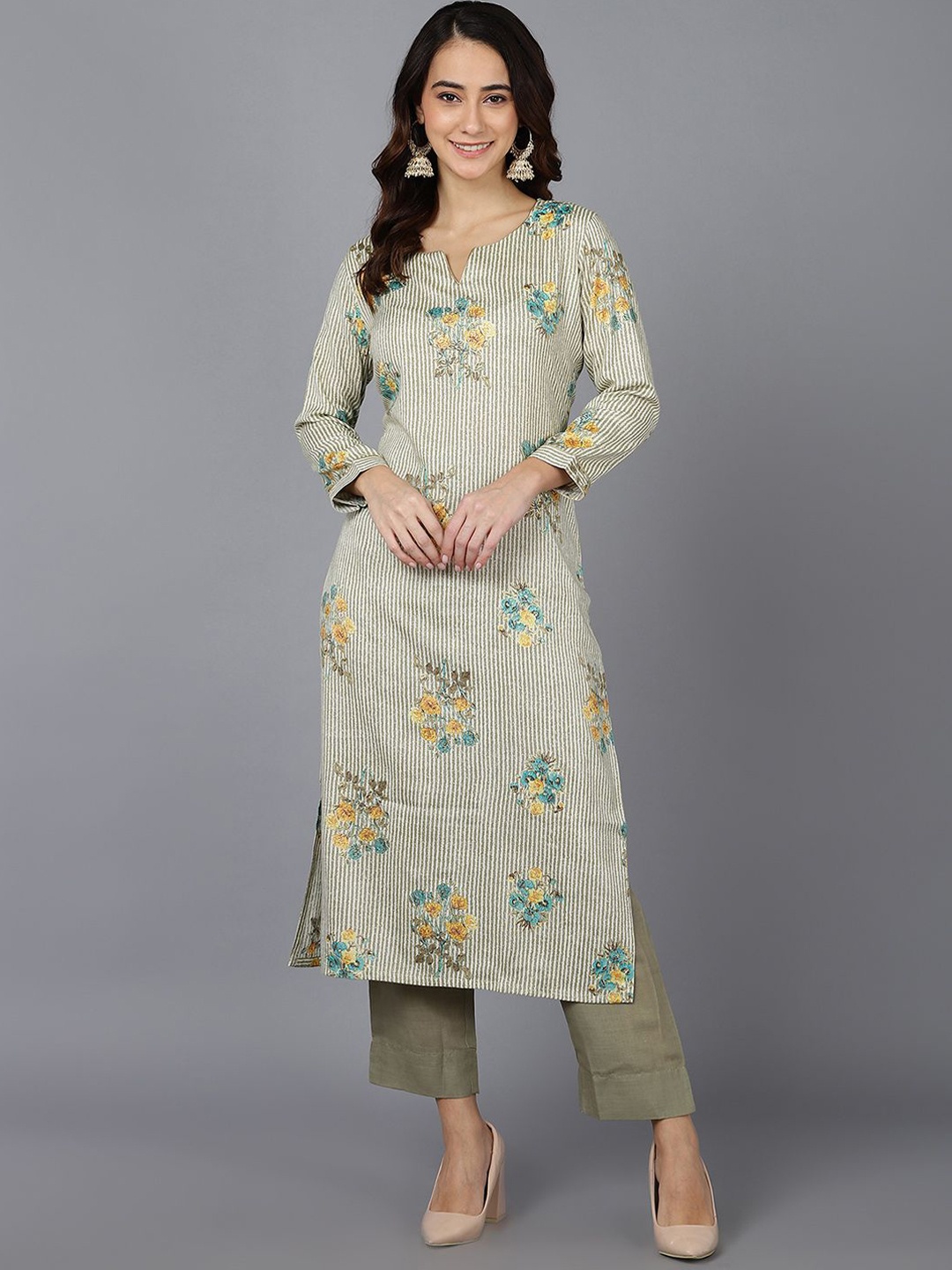 

KALINI Floral Printed Cotton Straight Kurta, Green