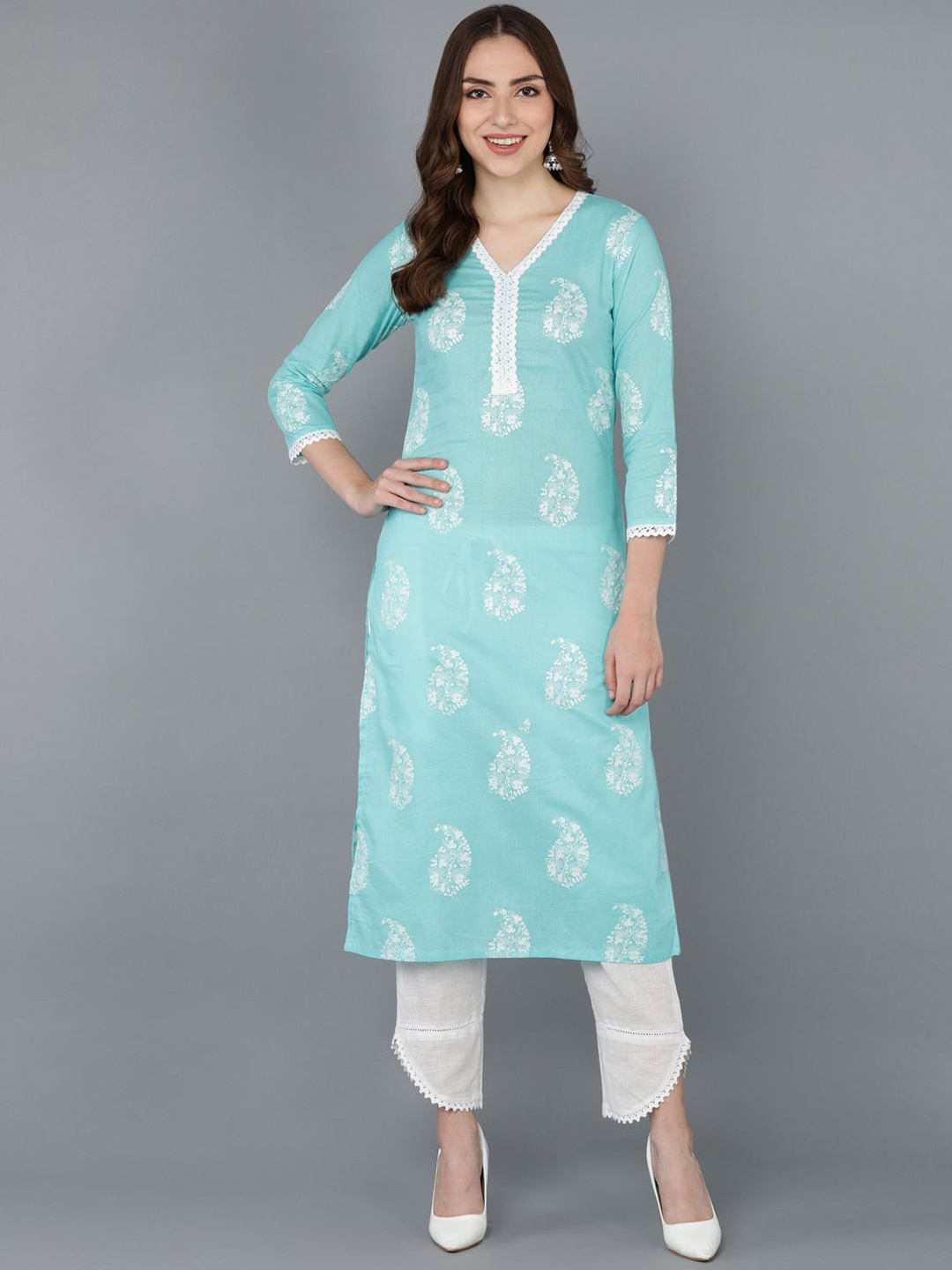 

KALINI Floral Printed V Neck Cotton Straight Kurta, Blue