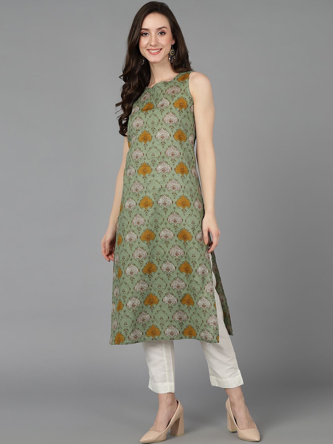 

KALINI Ethnic Motifs Printed Cotton Straight Kurta, Olive