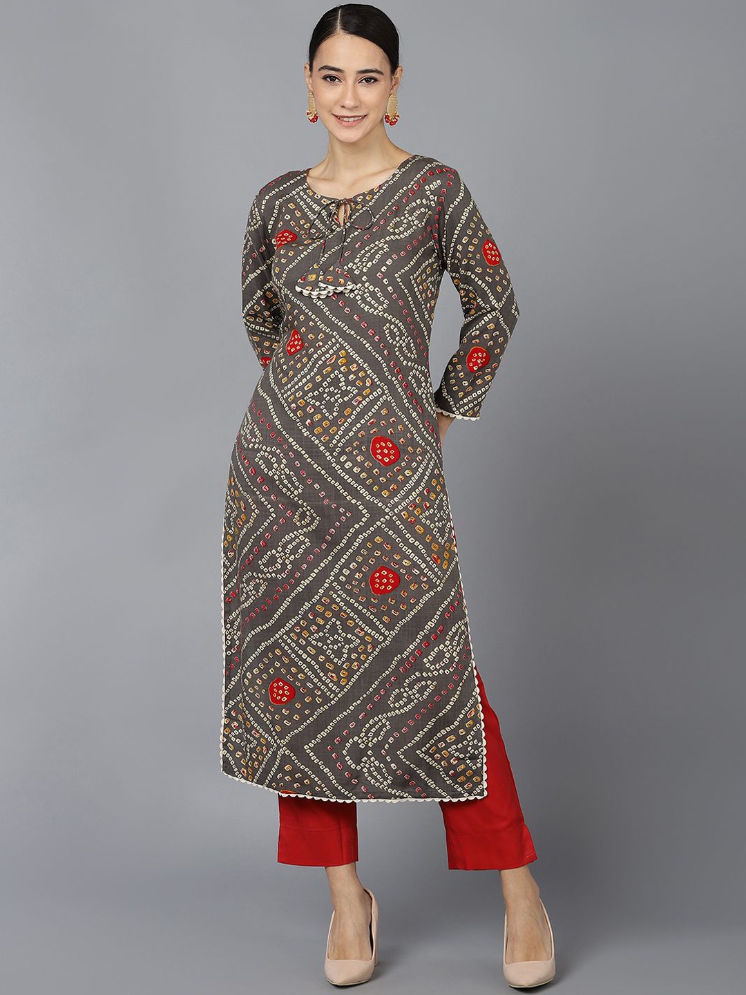 

KALINI Bandhani Printed Keyhole Neck Cotton Straight Kurta, Taupe