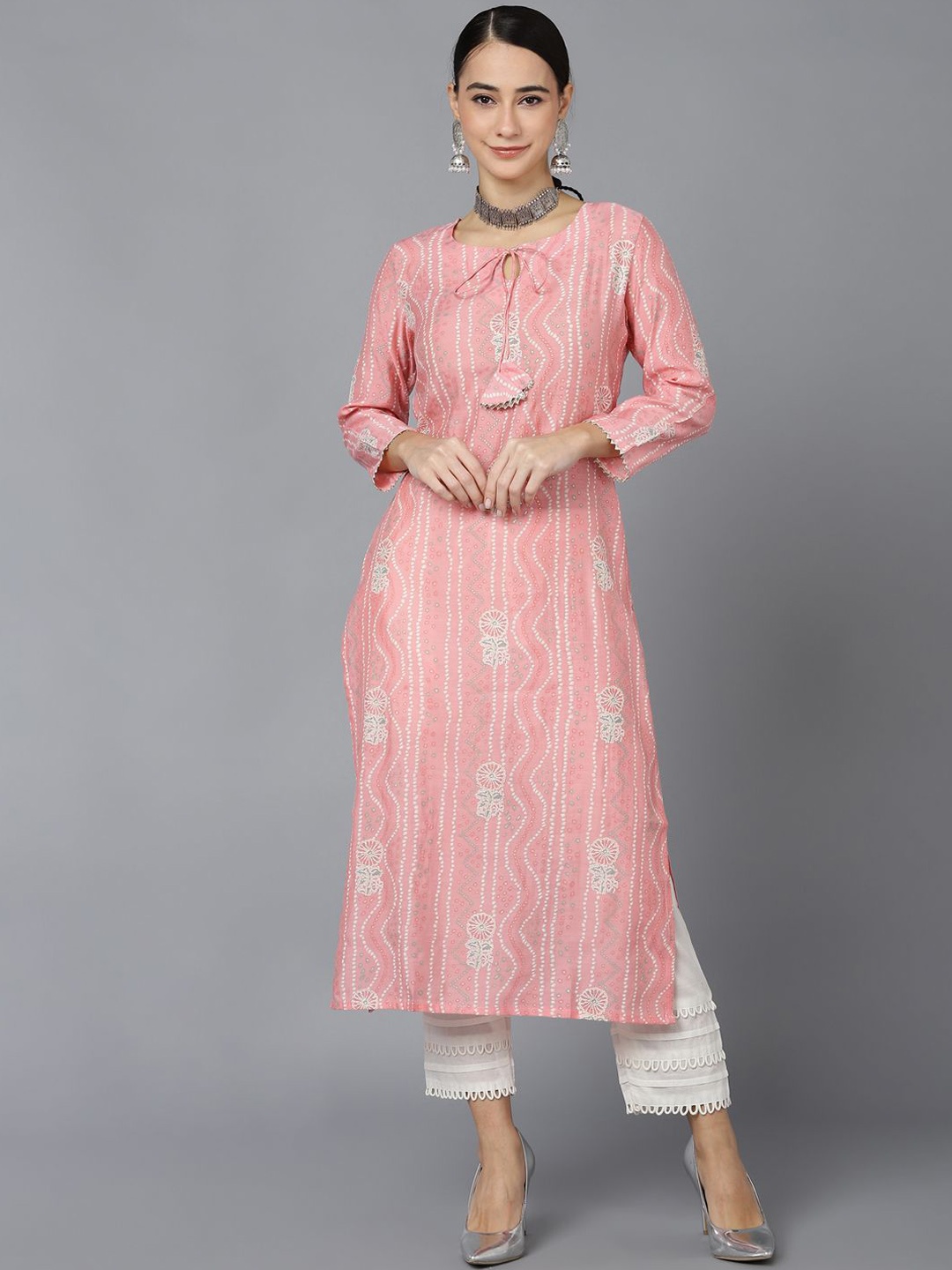 

KALINI Bandhani Printed Keyhole Neck Cotton Straight Kurta, Pink