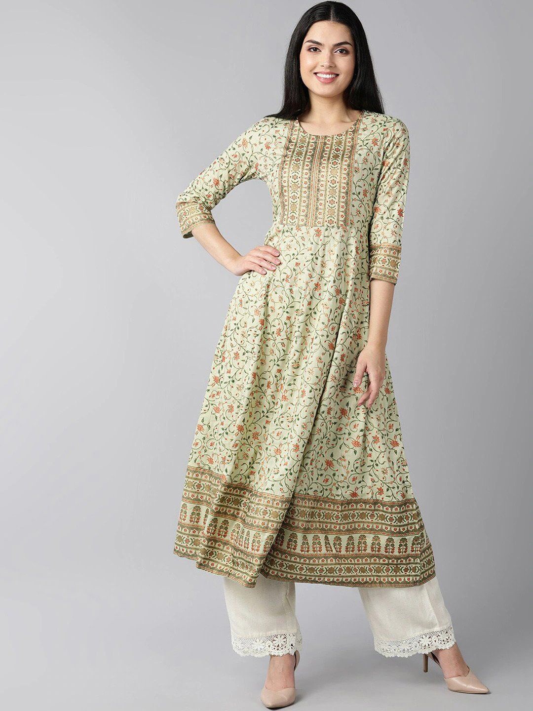 

KALINI Floral Printed Cotton Anarkali Kurta, Green