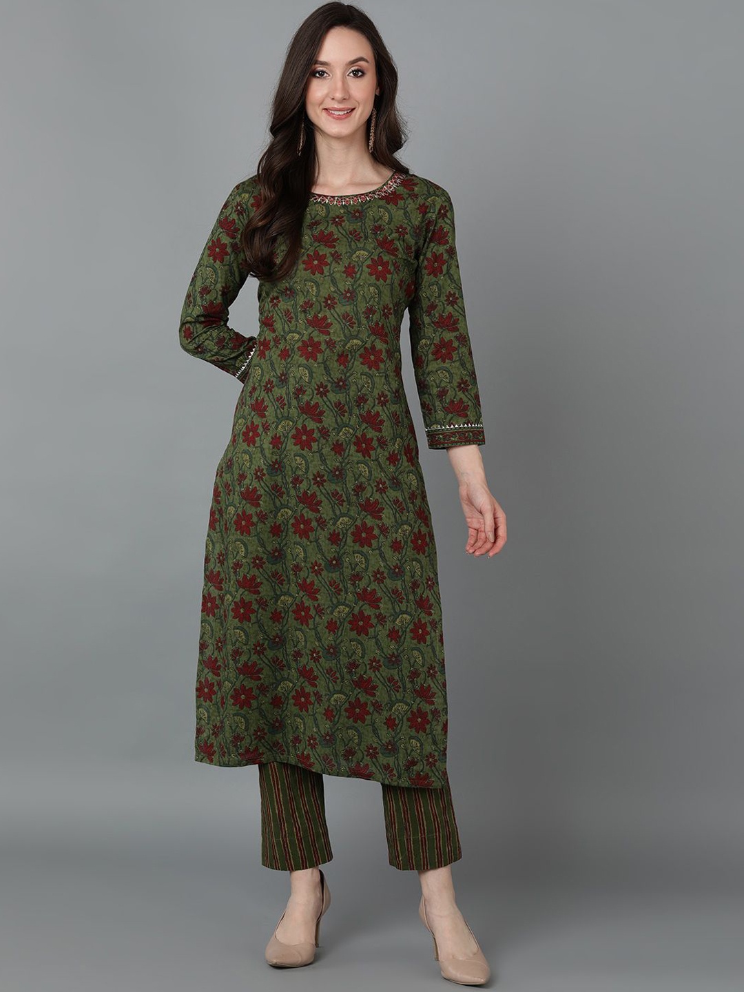 

KALINI Floral Printed Round Neck Mirror Work Cotton Straight Kurta, Green