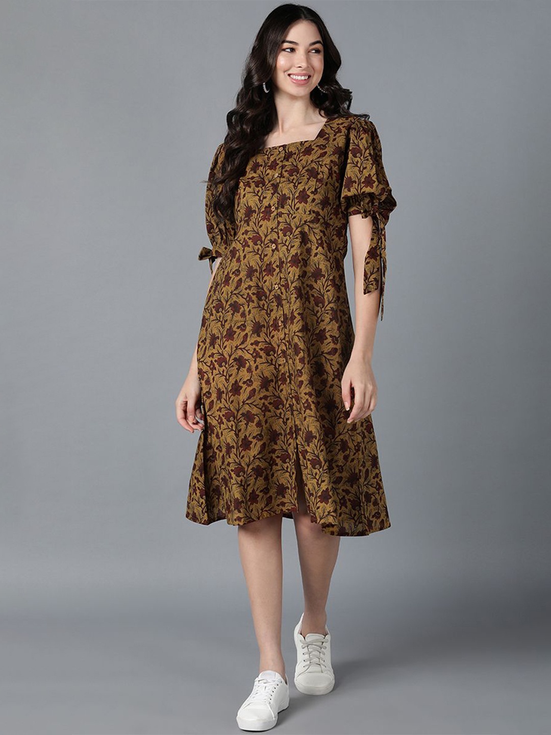 

KALINI Women Floral Print Puff Sleeve A-Line Midi Dress, Mustard