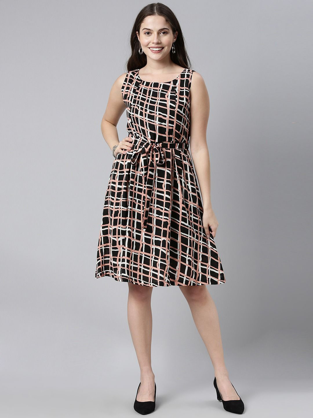 

KALINI Abstract Print Georgette Fit & Flare Dress, Black