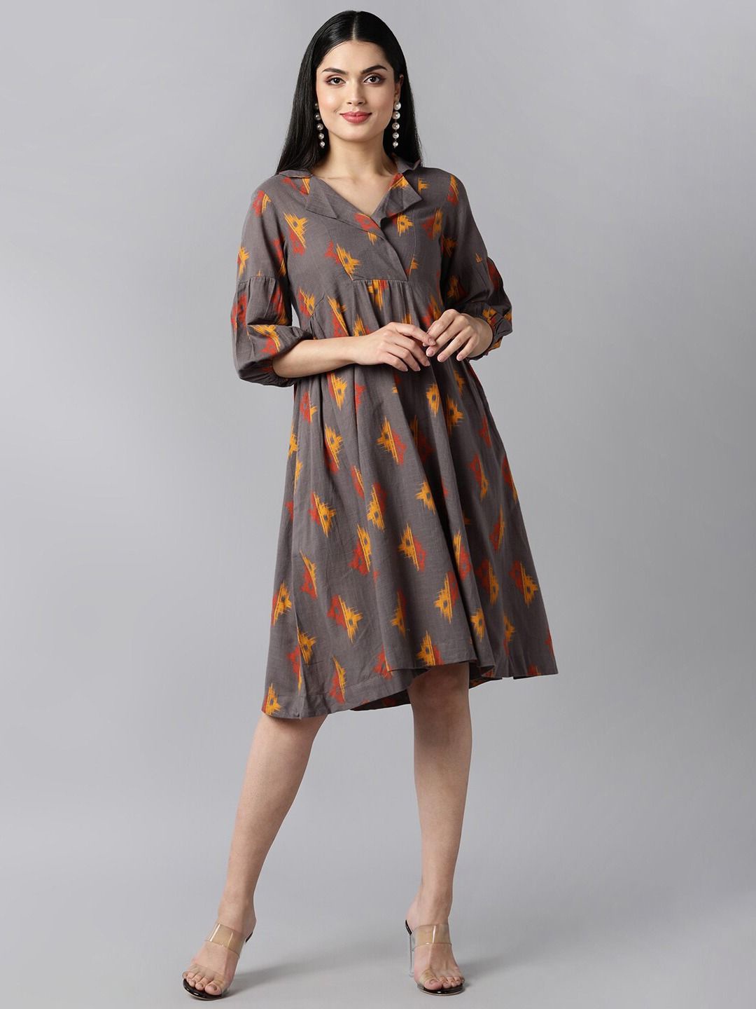 

KALINI Women Graphic Printed Puff Sleeves Cotton Fit & Flare Dress, Brown