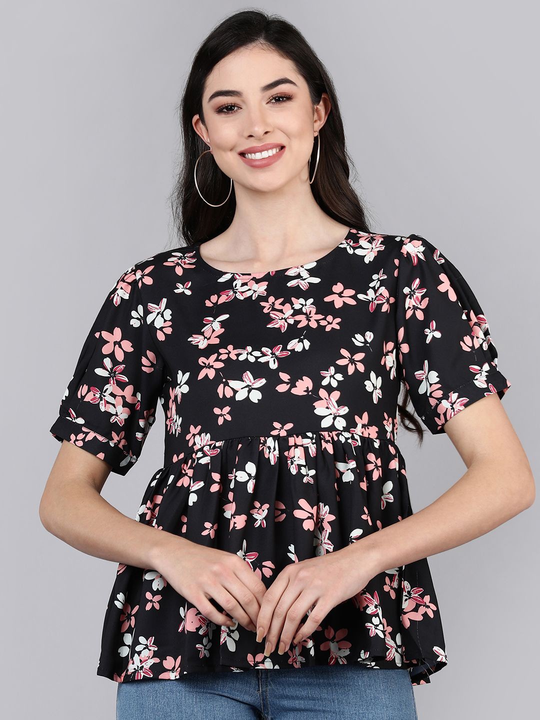

KALINI Floral Print Round Neck Georgette Top, Black