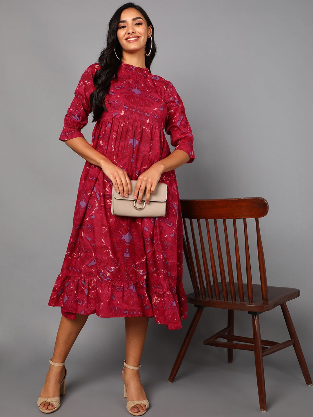 

KALINI Women Cotton Tie and Dye Printed Midi Fit and Flare Dress, Maroon