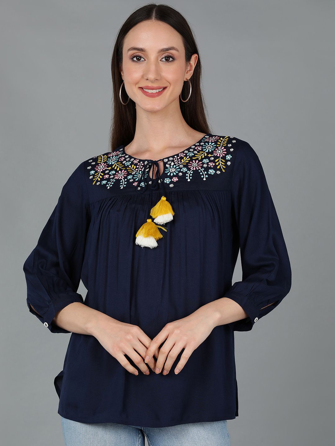 

KALINI Tie-Up Neck Puff Sleeve Top, Navy blue