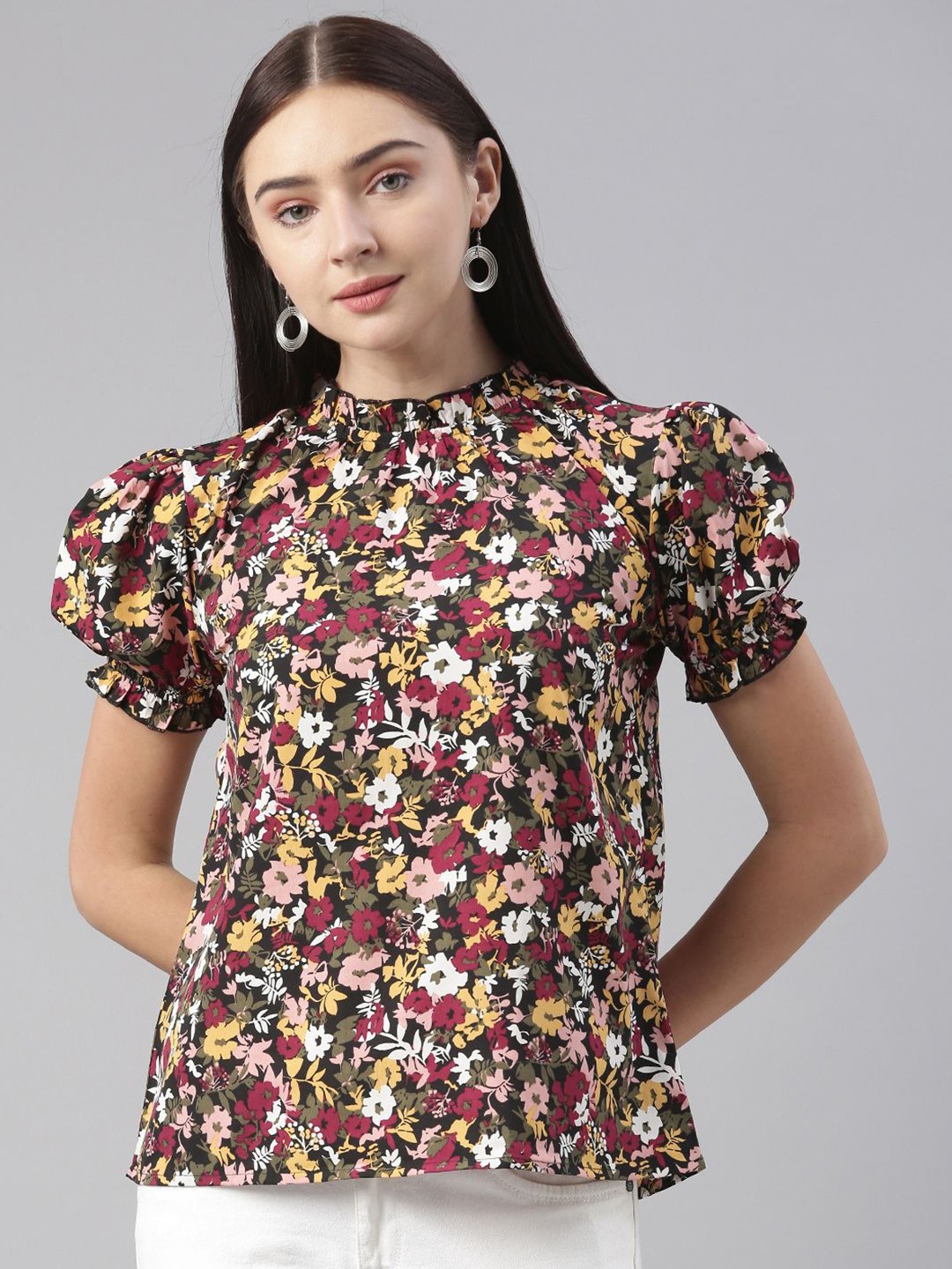

KALINI Women Floral Print Puff Sleeve Georgette Styled Back Top, Black