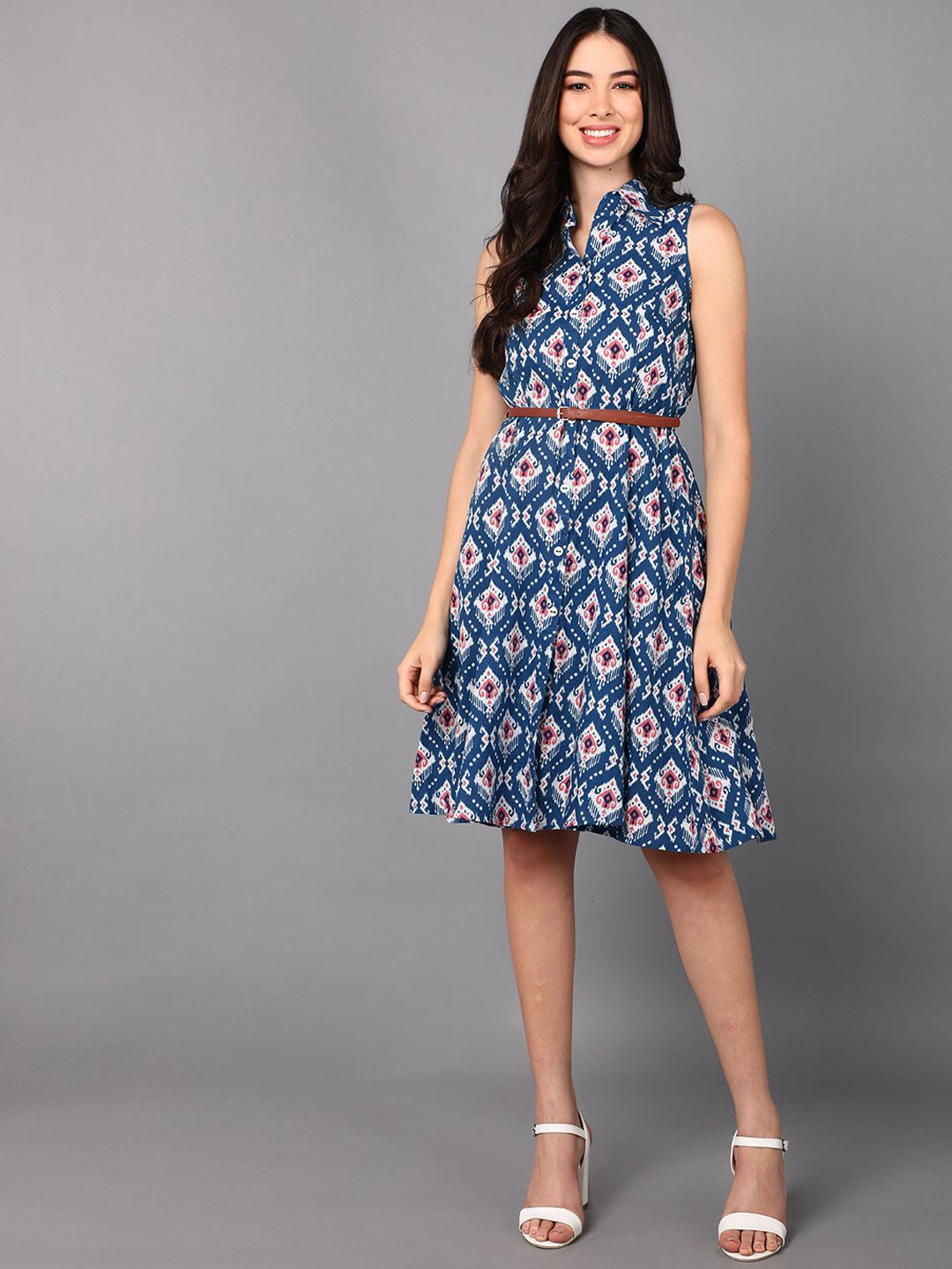 

KALINI Sleeveless Printed Cotton A-Line Dress, Blue