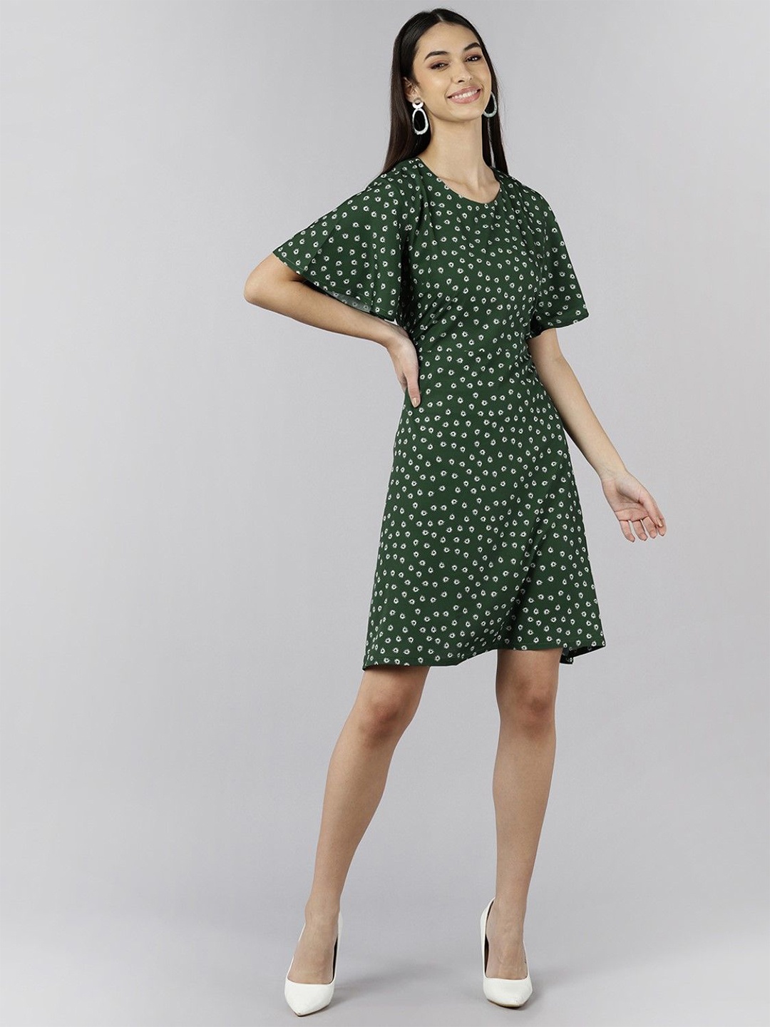 

KALINI Printed Flared Sleeve Georgette Fit & Flare Dress, Green