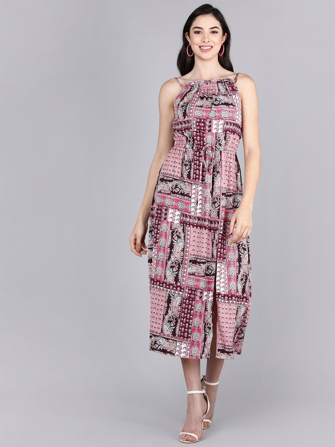 

KALINI Ethnic Motifs Print Georgette A-Line Midi Dress, Multi