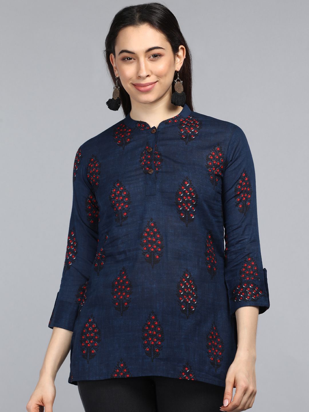 

KALINI Print Mandarin Collar Ethnic Cotton Top, Navy blue
