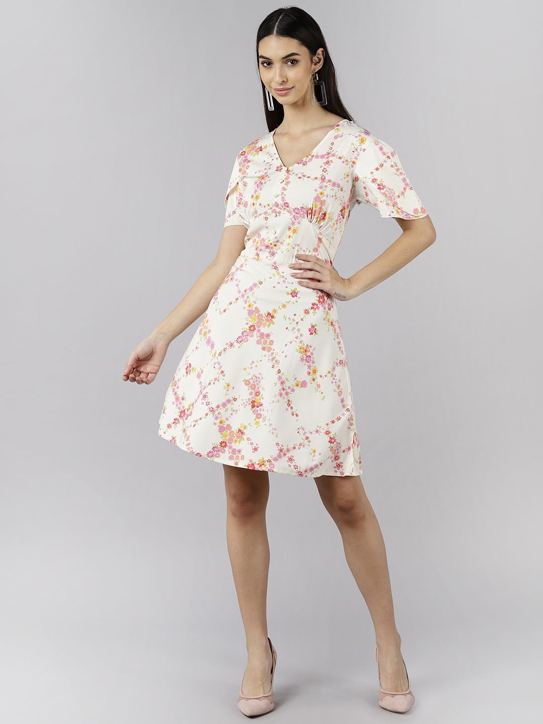 

KALINI Women Floral Print Crepe Fit & Flare Dress, White
