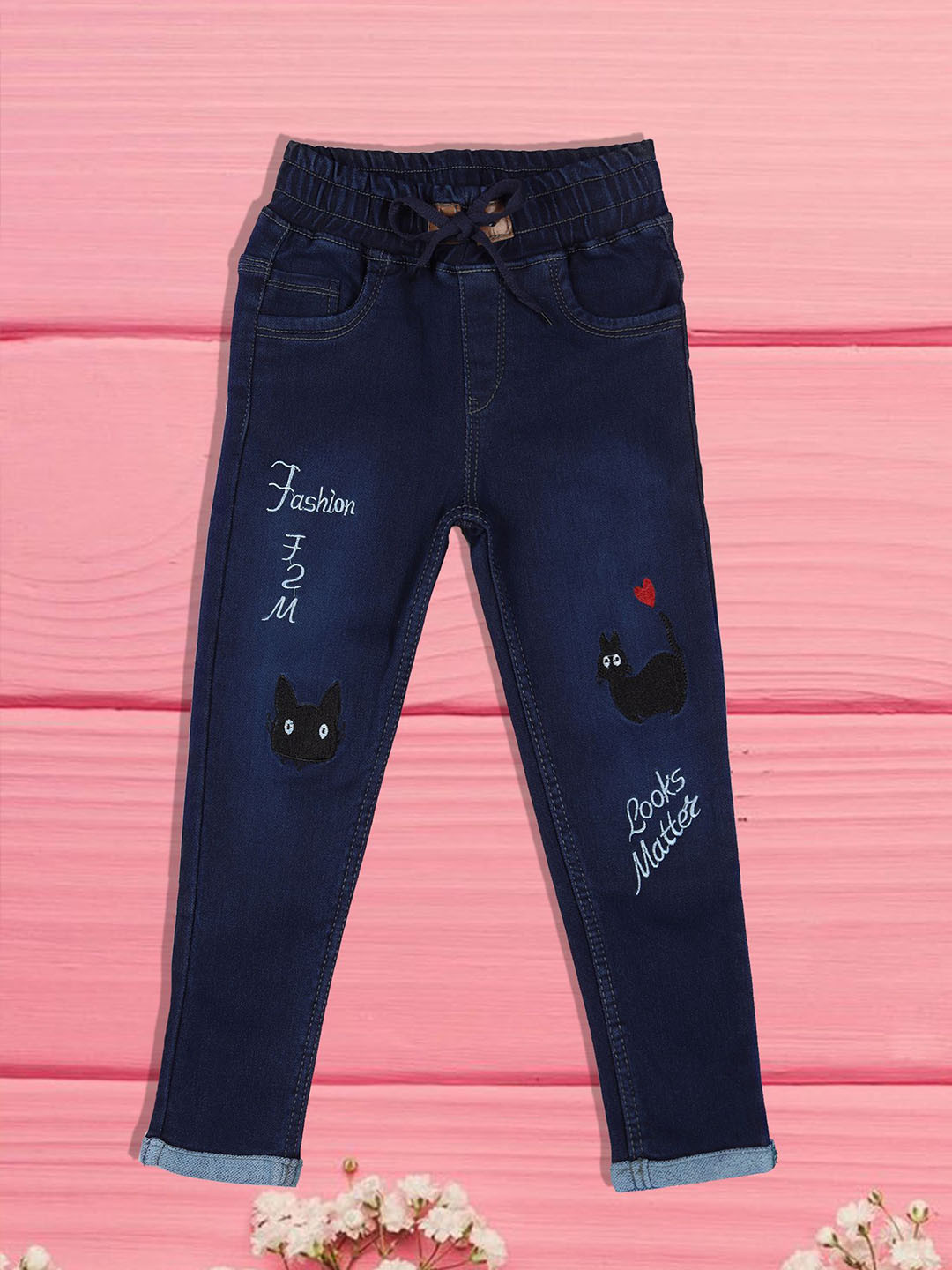 

A-Okay Girls Slim Fit High-Rise Low Distress Embroidered Cotton Jeans, Blue