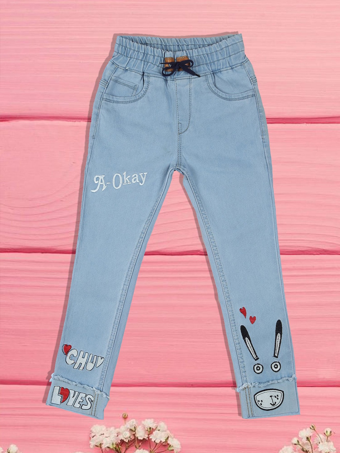 

A-Okay Girls Slim Fit High-Rise Embroidered Cotton Jeans, Blue