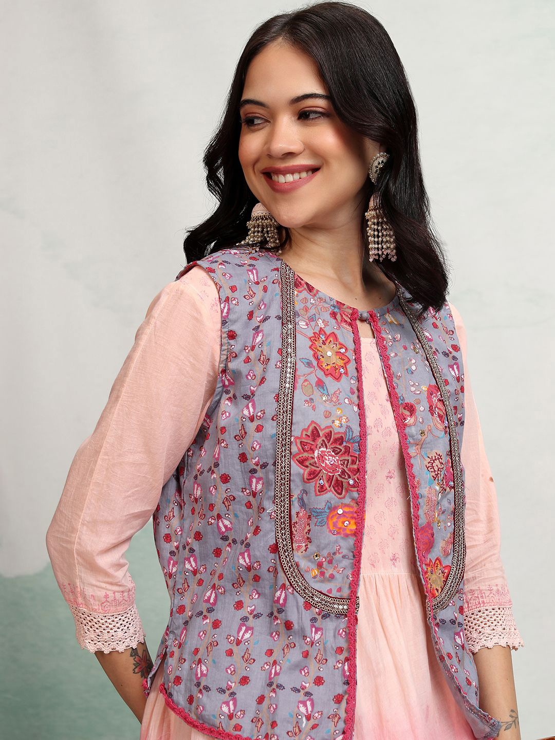 

Vishudh Women Floral Print Embroidered Long Sleeves A-Line Dress, Peach
