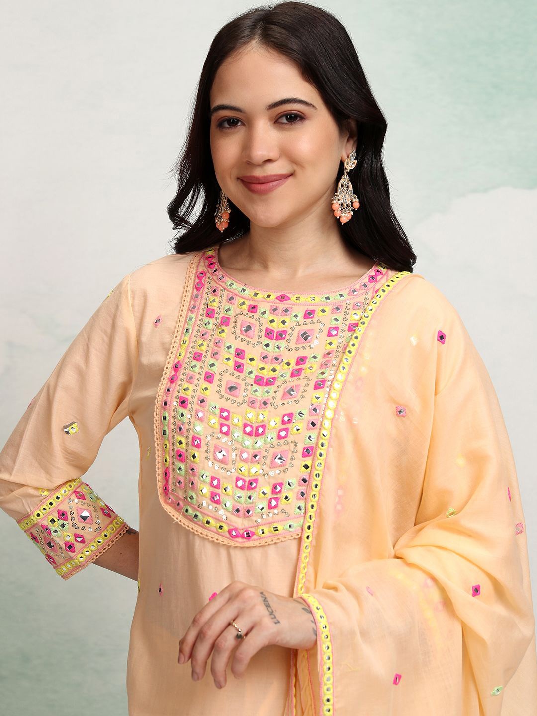 

Vishudh Pink Embroidered Mirror Work Pure Cotton Straight Kurta with Trousers & Dupatta