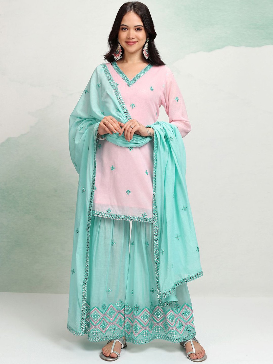 

Vishudh Floral Embroidered Mirror Work Pure Cotton Kurta With Sharara & Dupatta, Pink