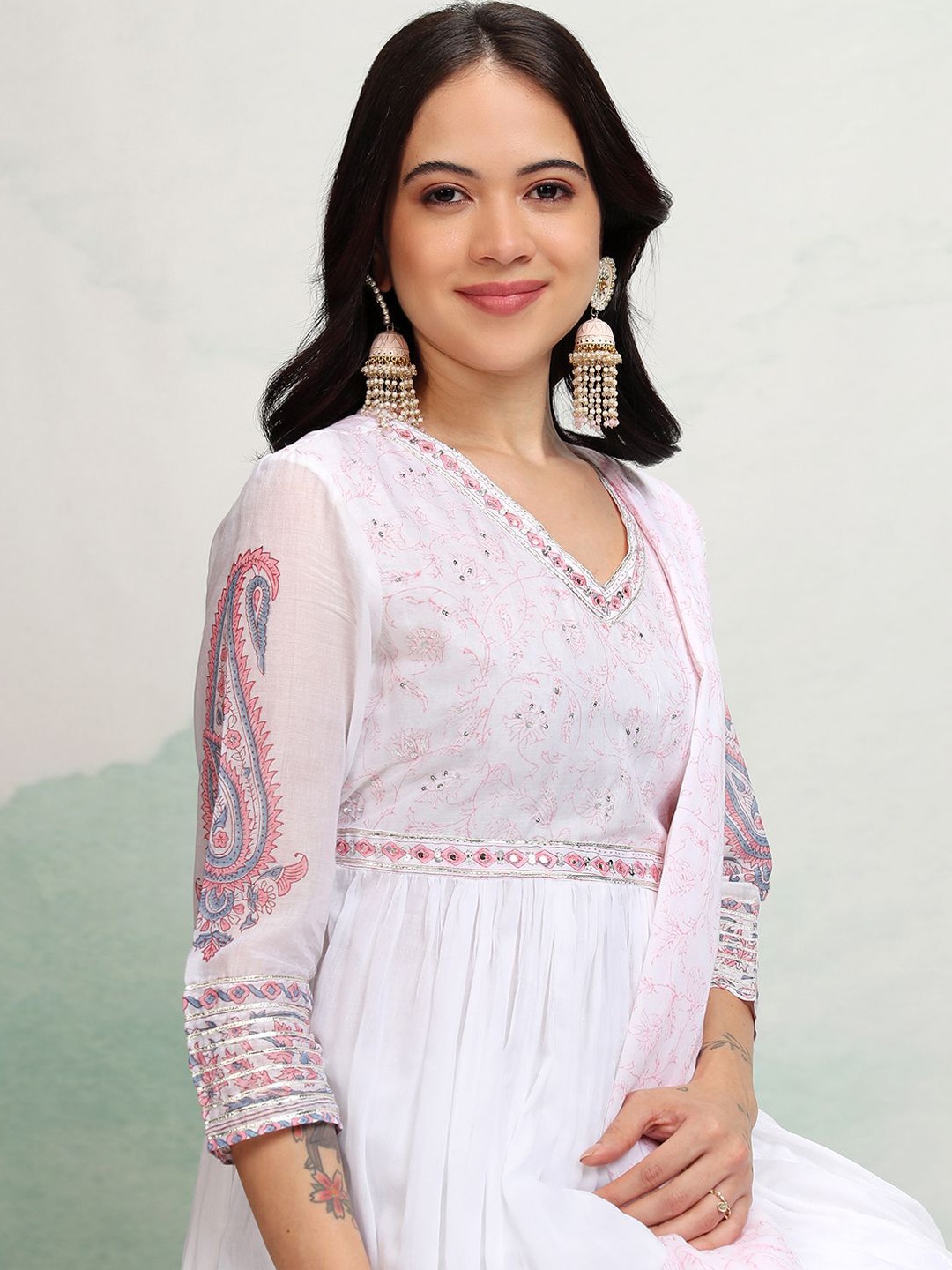 

Vishudh Ethnic Motifs Embroidered Sequinned Pure Cotton Kurta With Trousers & Dupatta, Pink