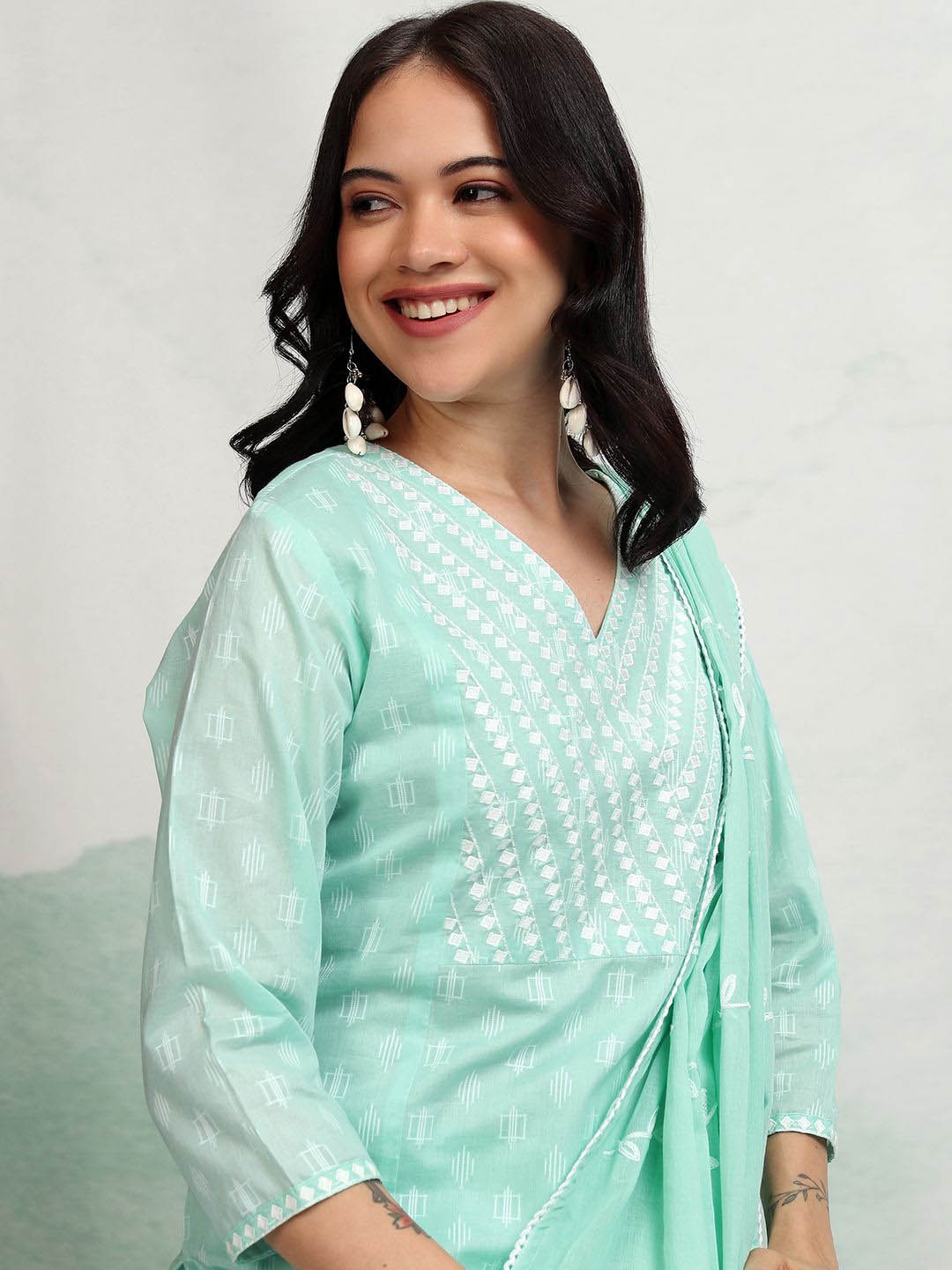 

Vishudh Blue Geometric Printed Thread Work Pure Cotton Kurta with Trousers & Dupatta