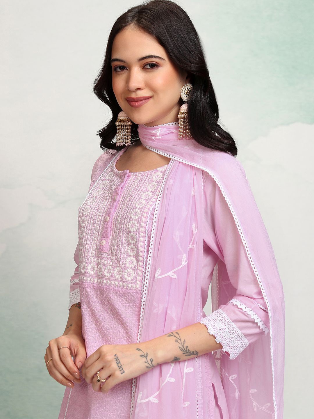 

Vishudh Floral Embroidered Thread Work Pure Cotton Kurta With Trousers & Dupatta, Pink