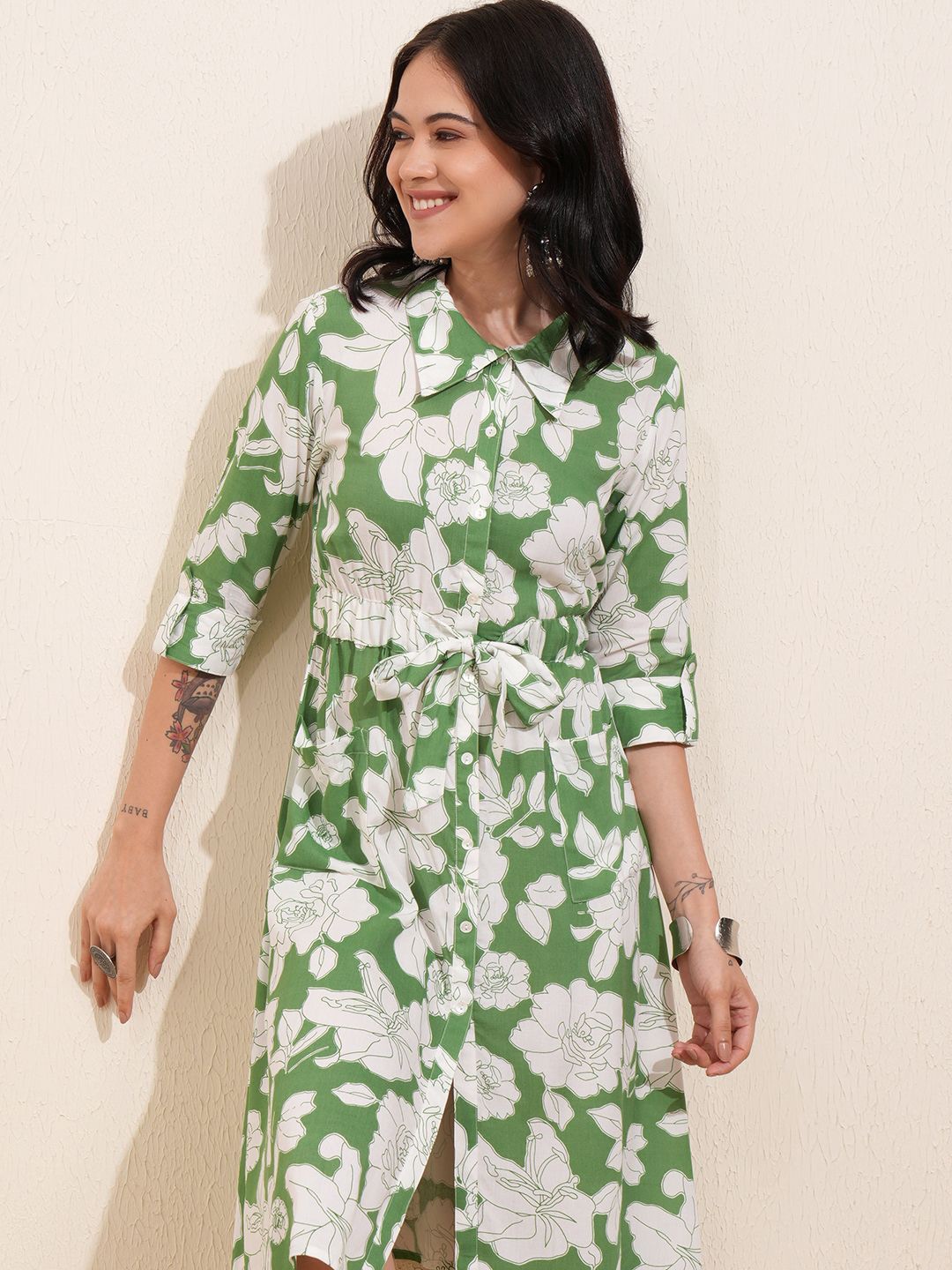 

Vishudh Floral Print Shirt Dress, Green