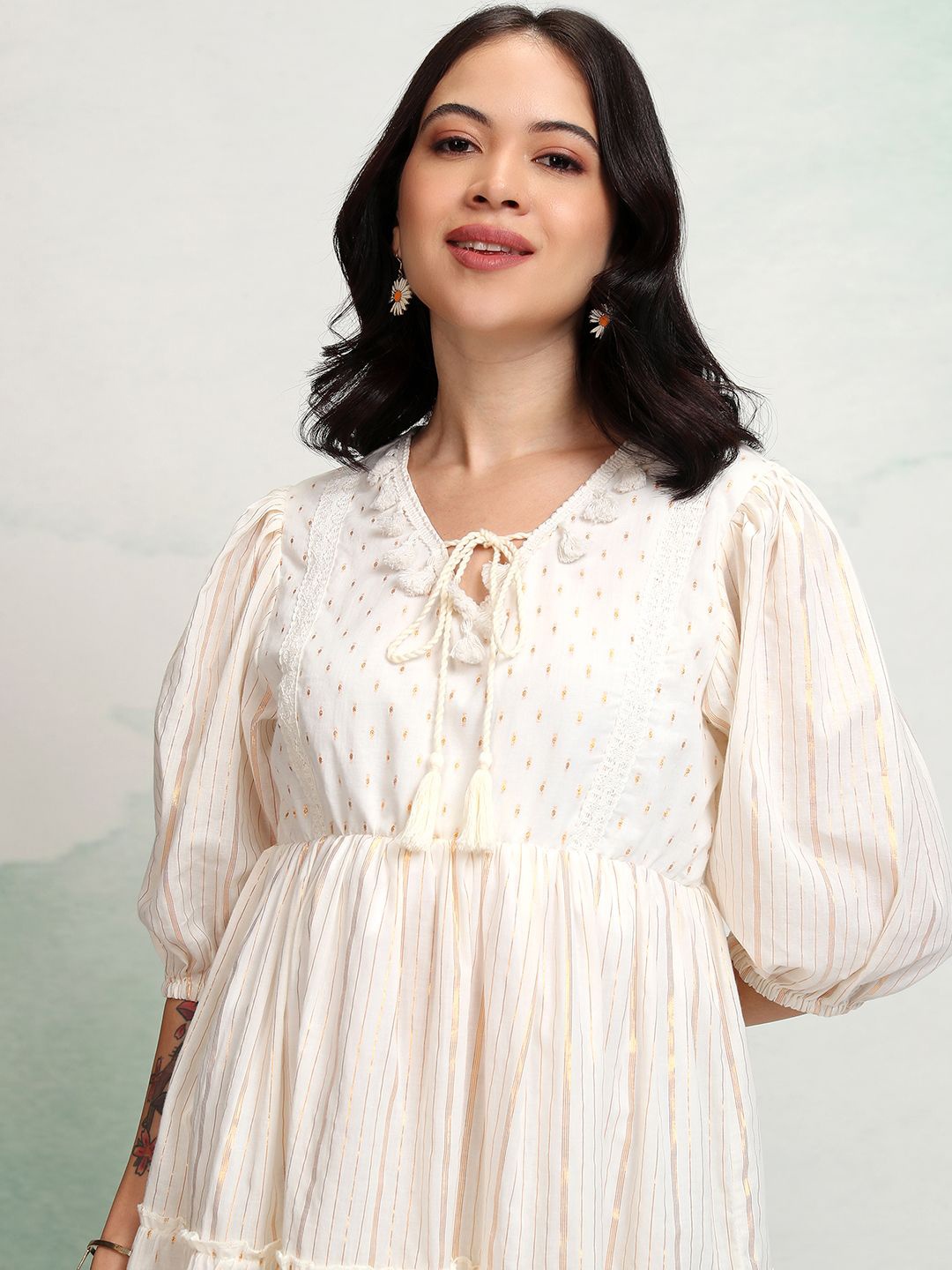 

Vishudh Women Floral Print Tie-Up Neck Puff Sleeve Fit & Flare Dress, Off white