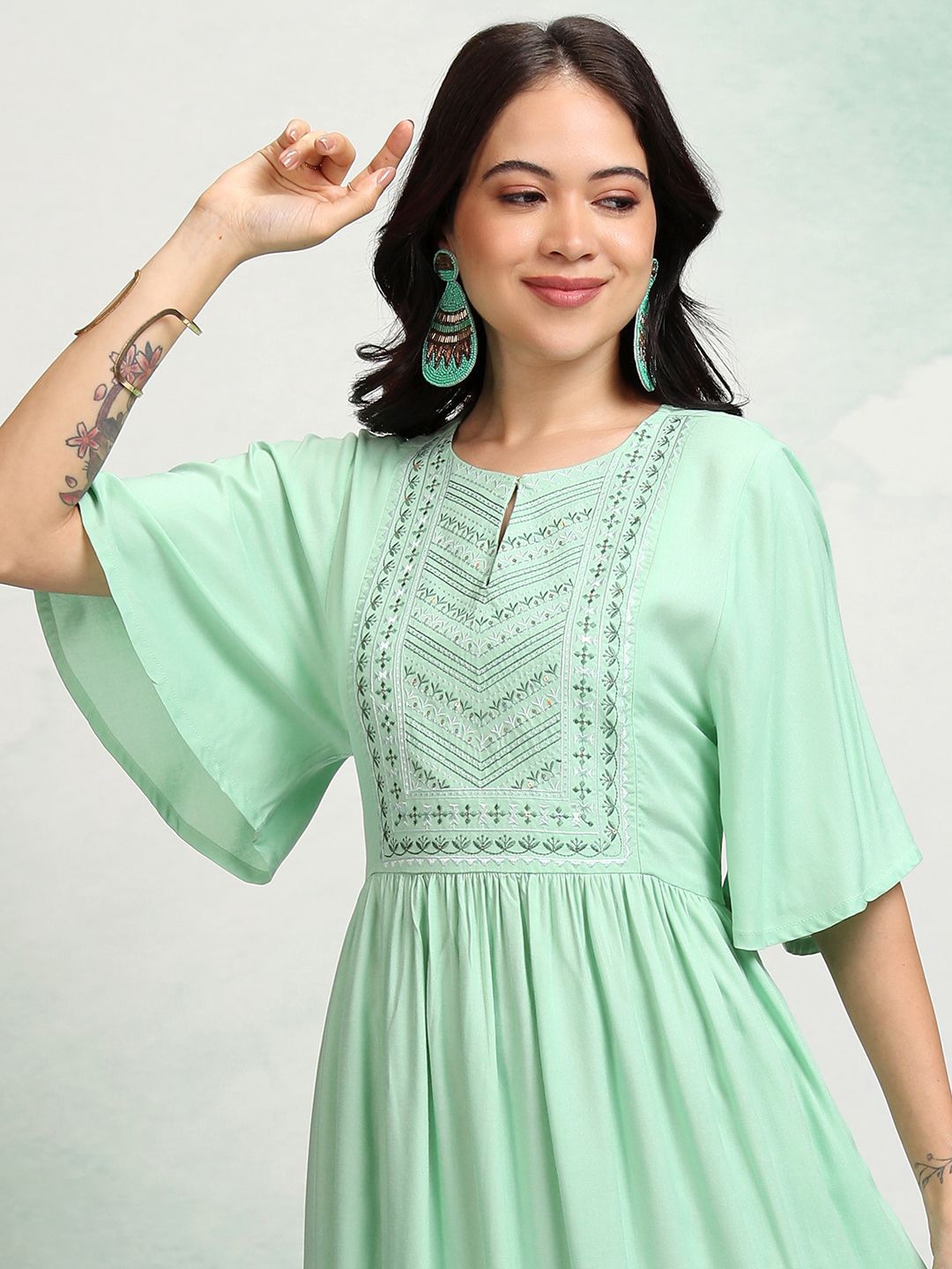 

Vishudh Women Flared Sleeve Fit & Flare Midi Dress, Green