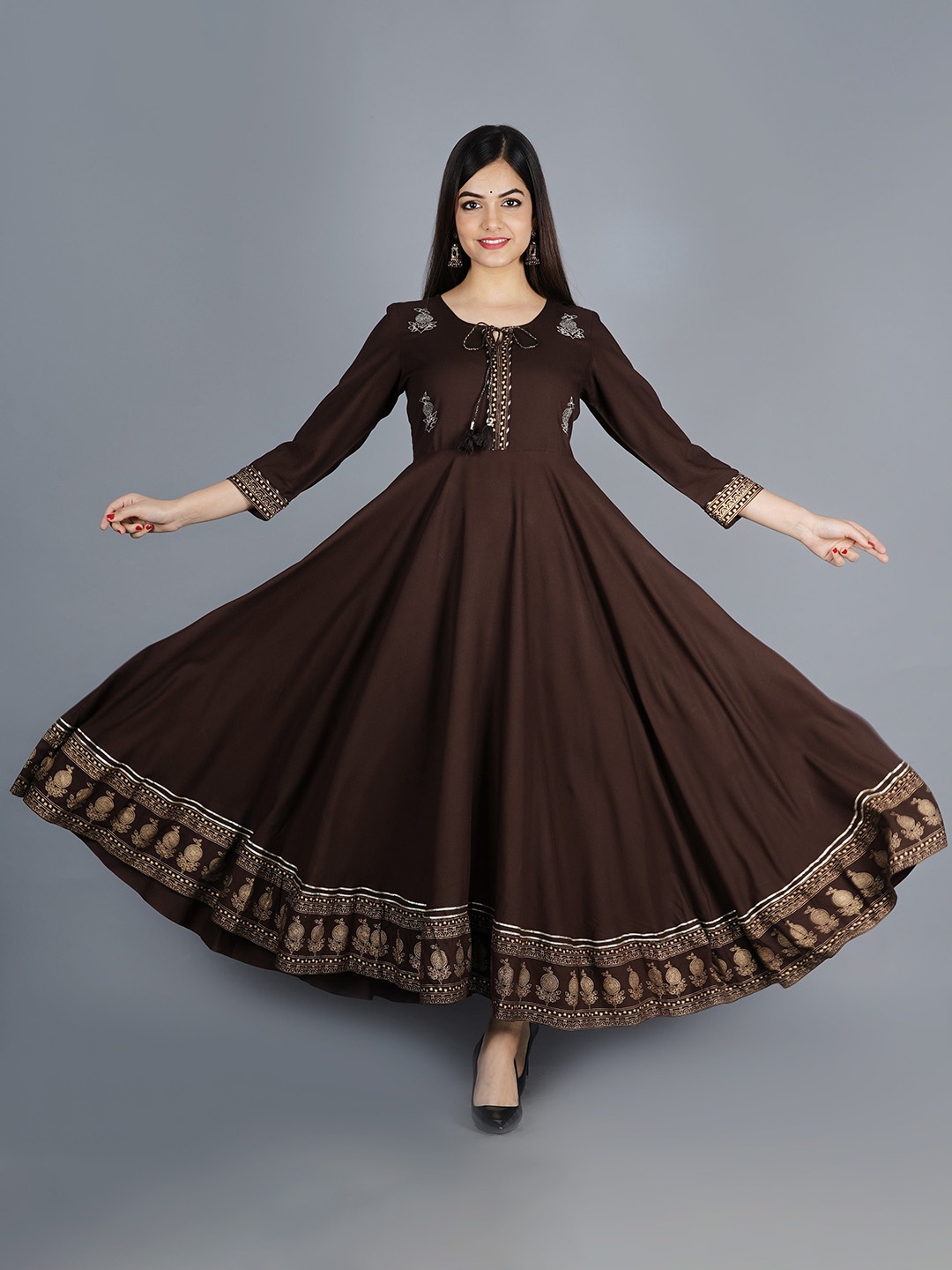 

VYKOO Ethnic Motifs Printed Tie-Up Neck Anarkali Kurta, Brown