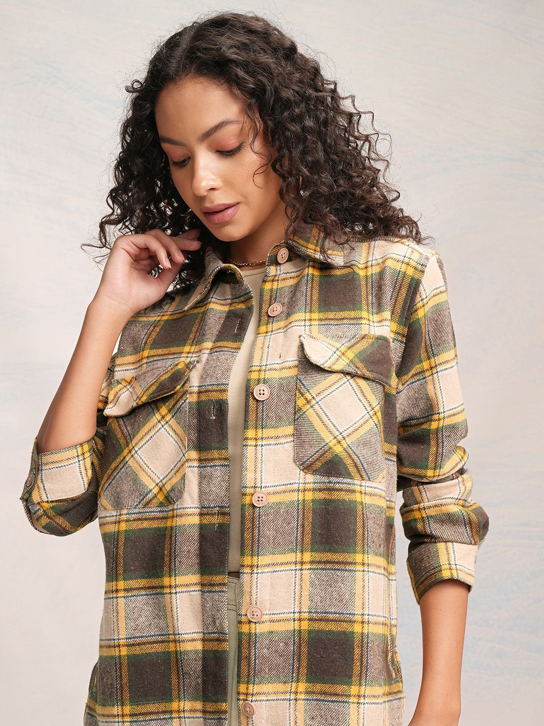 

Tokyo Talkies Women Poly Over Check Shirt, Beige