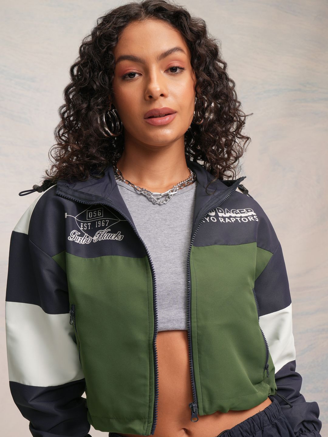 

Tokyo Talkies Women Colourblocked Crop Bomber Mock Collar Jacket, Navy blue