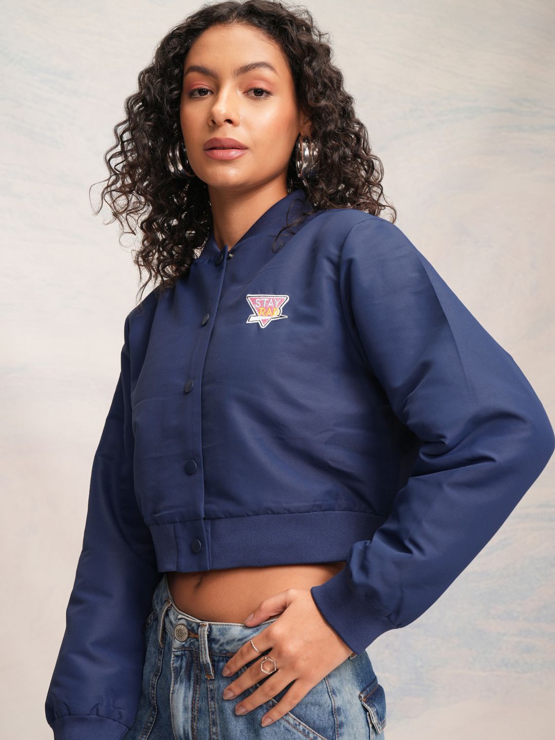 

Tokyo Talkies Women Solid Washed Varsity Jacket with Patchwork, Navy blue