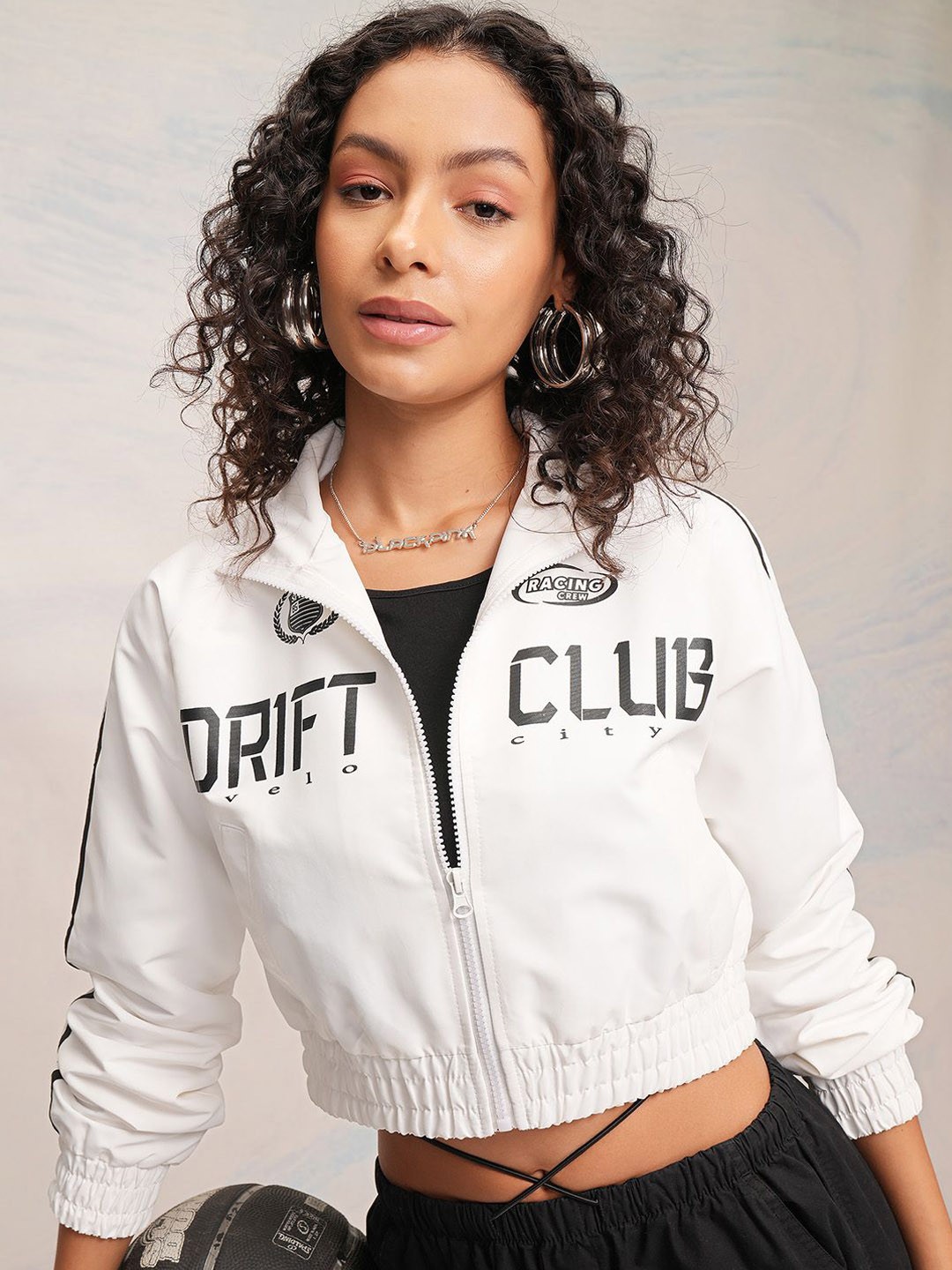 

Tokyo Talkies Women Crop Bomber Mock Collar Applique Jacket, White
